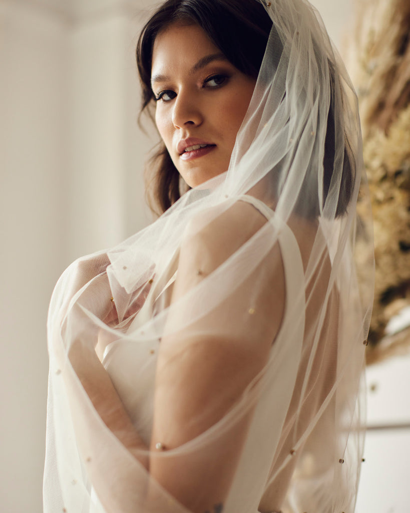 wedding veil with gold beads
