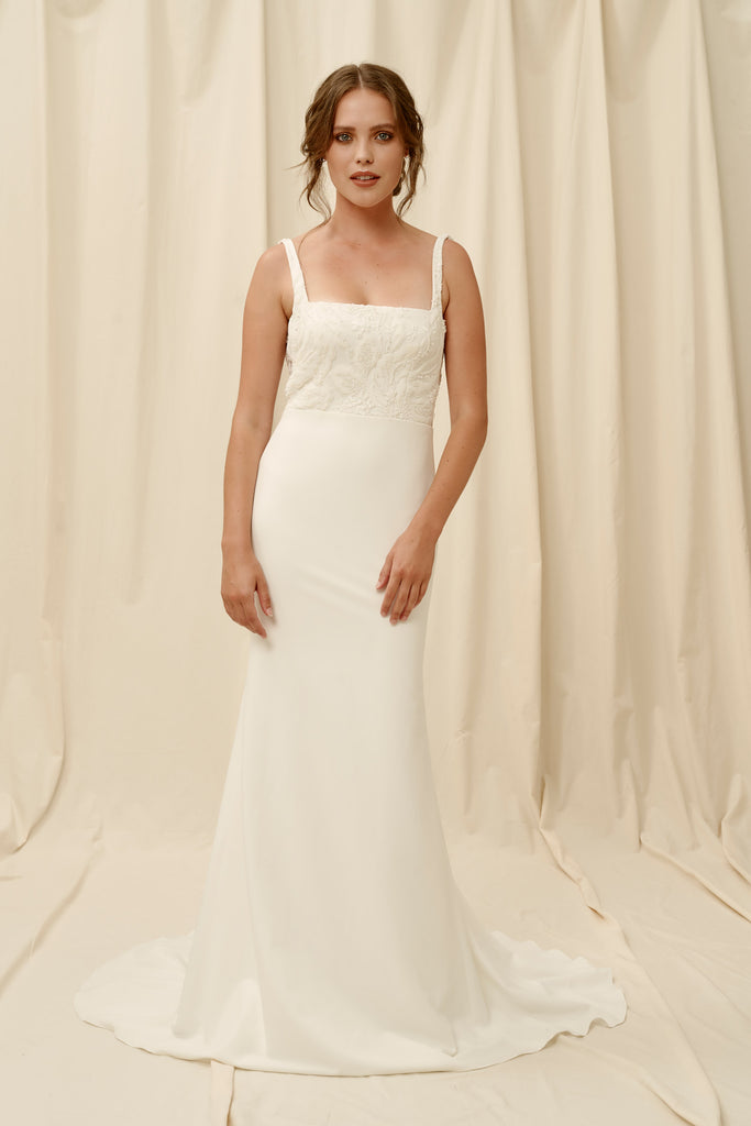 Square neck wedding dress with modern beaded lace