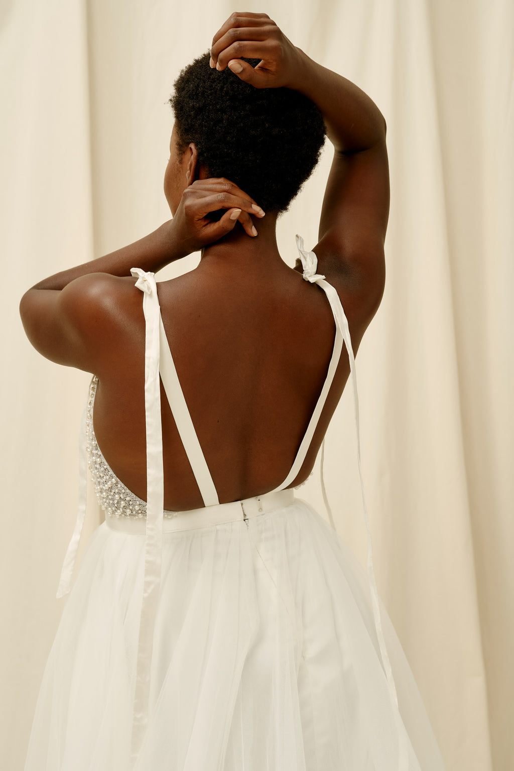 Shoulder tie wedding dress with pearls
